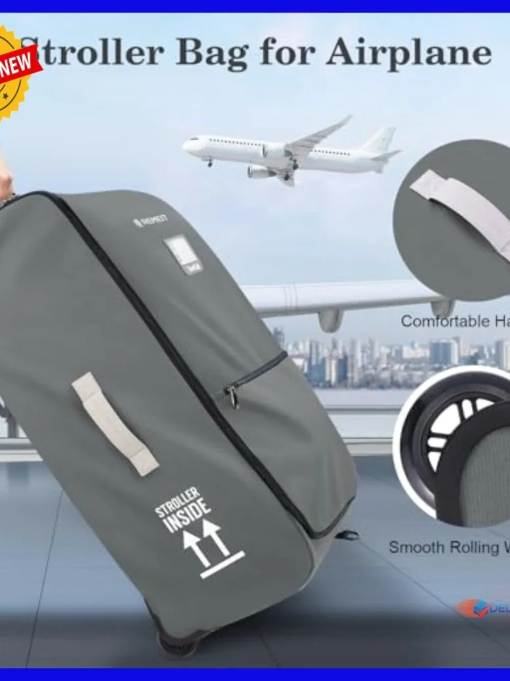 Stroller Travel Bag with Wheels, Storage Pocket, Luggage Tag for Airplane